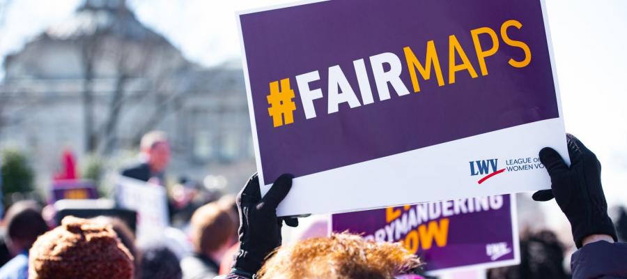 Fair Maps rally poster, vote yes on ab 849 fair maps, redistricting, California, LWV, gerrymandering, AB 849
