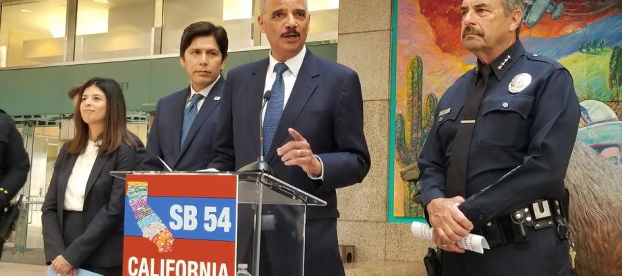 Press Conference with Eric Holder, Kevin deLeon and Law enforcement saying YES on SB 54, the california values act sb 54, california values act, eric holder, league of women voters of california, immigration
