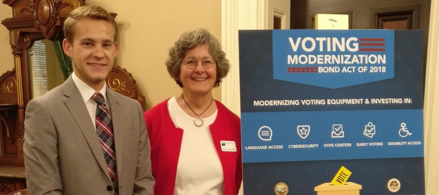 Press conference Photo so Wes Edwards and LWVC President Helen Hutchison Voting Moderization Act, Bond, Elections, California, AB 668, voting, league of women voters of california, helen hutchison