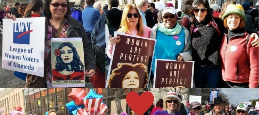 Montage of images of women in the league marching Happy Birthday to the League of WOmen Voters, valentines day, grassroots, advocacy, california