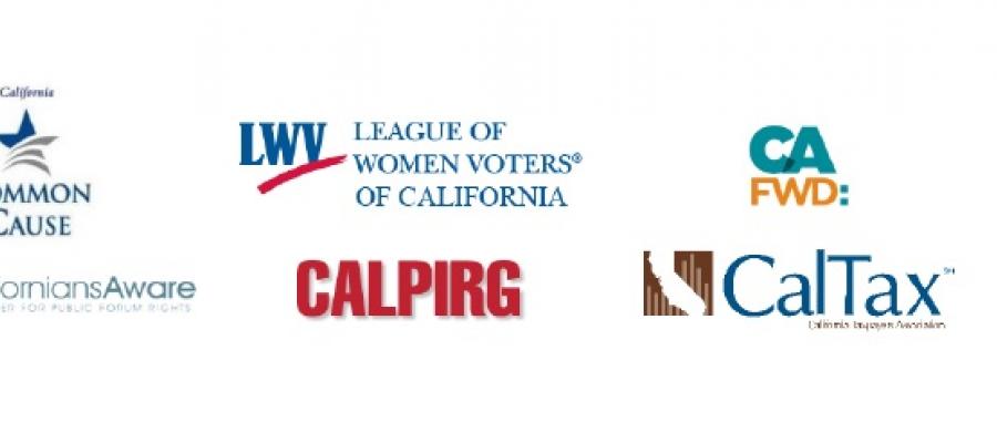 Header of all the organizations enforcing Prop 54 Prop 54, tranparency, California Legislature, League of Women Voters, compliance