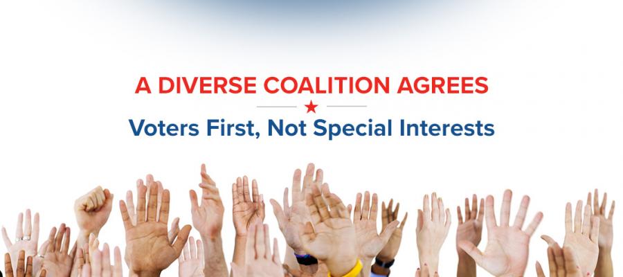 Hands up saying vote yes on Prop 54 proposition 54, vote yes on Prop 54, vpters first, transparency, League of women voters of Californai endorsement