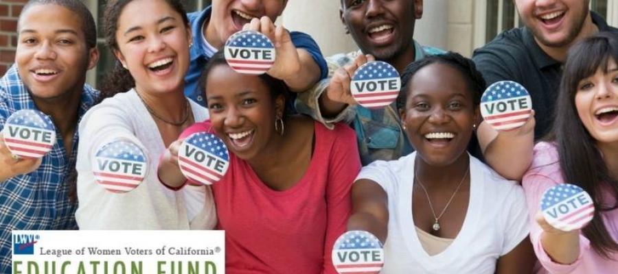 Young people with vote buttons Get out the vote, vote June 5, last minute voting tips, elections, california
