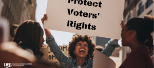 Rally with young Black woman holding up sign that reads "Protect Voters' Rights"