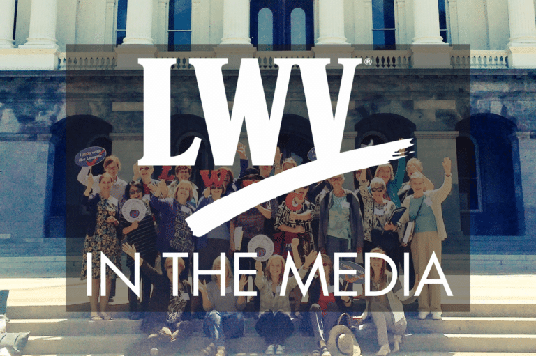 LWVC members on the Capitol steps (text overlay: LWV In the Media)