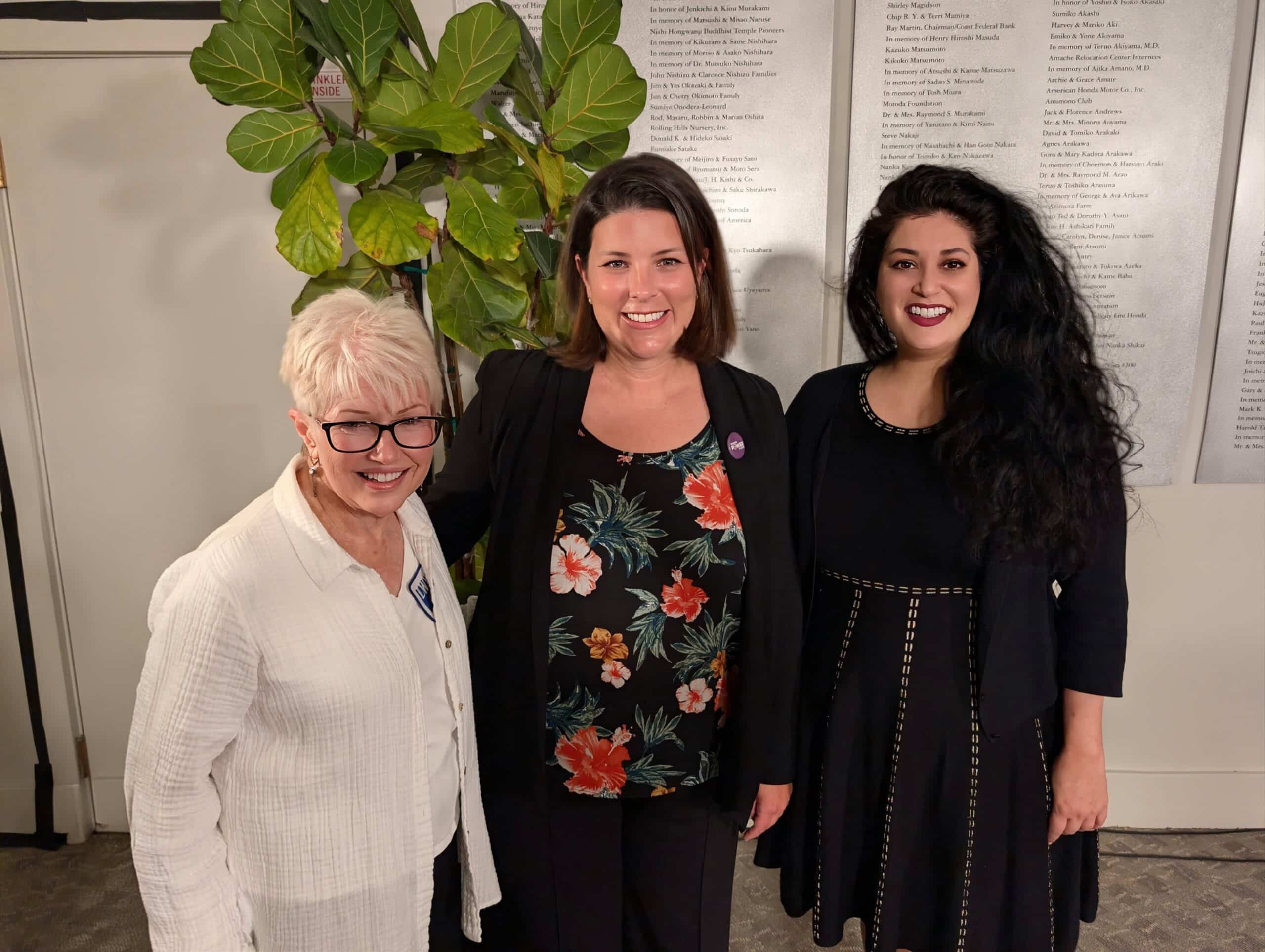 Penny Sommers, Co-President, LWV Greater Los Angeles; Jenny Farrell; and Fatima Malik, Vice President, LWV of Los Angeles County