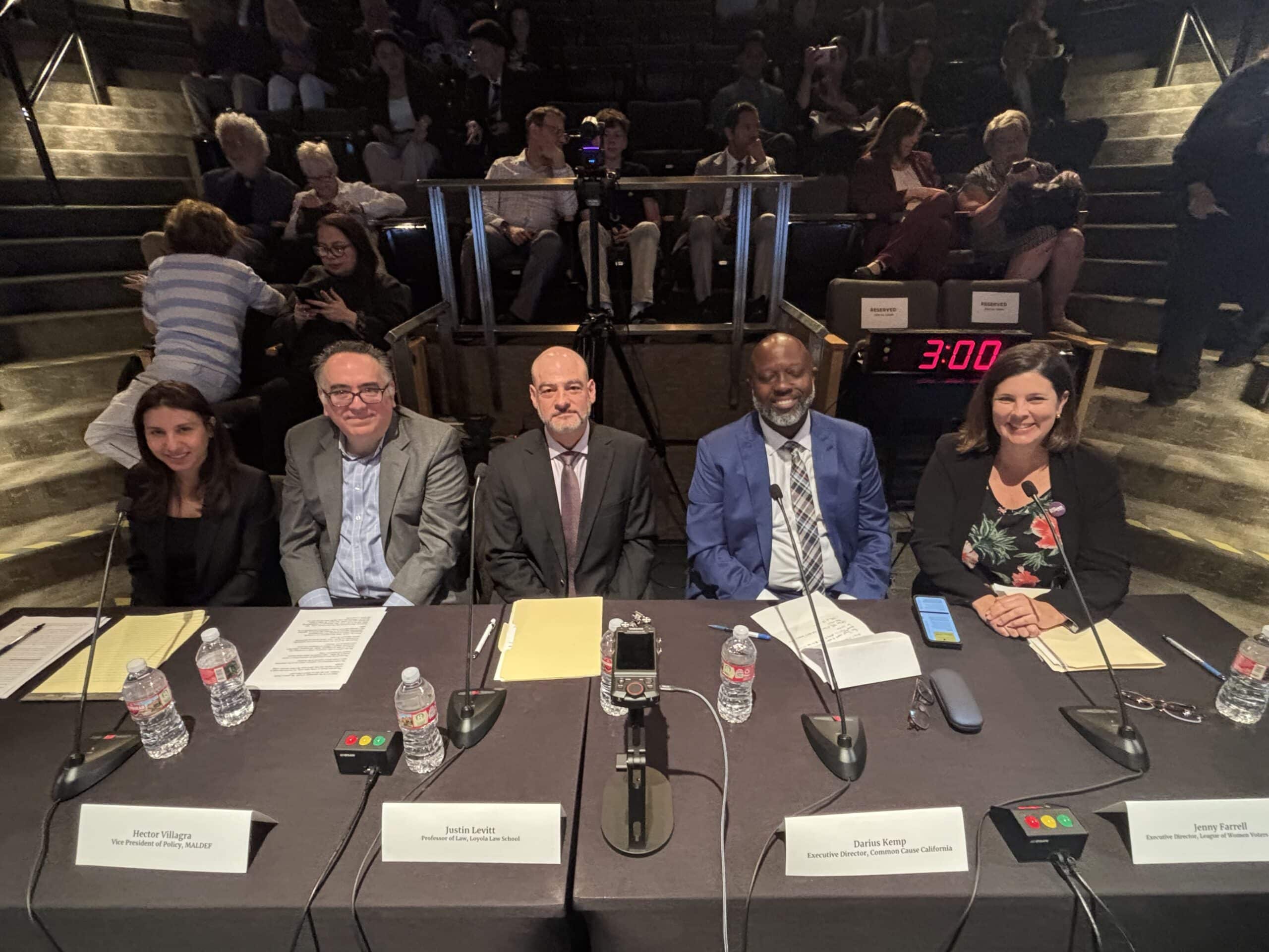 Expert witnesses from left to right: Sonni Waknin, UCLA Voting Rights Project; Hector Villagra, MALDEF; Justin Levitt, Loyola Law School; Darius Kemp, Common Cause California; Jenny Farrell, LWVC